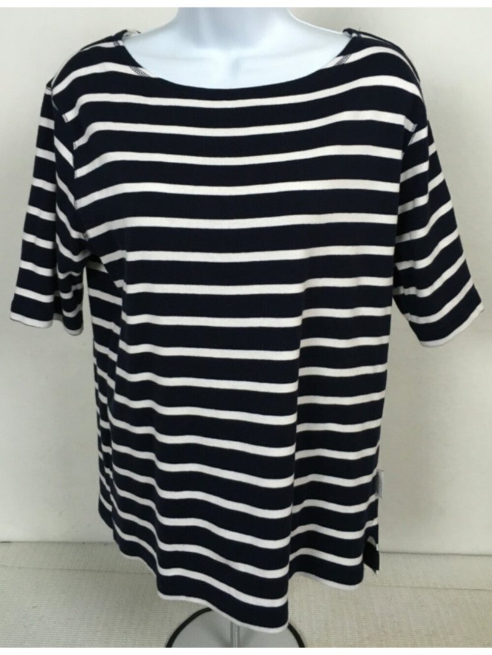 Villager Sports Womens Top Size L Black w White Striped Short Sleeves Round Neck